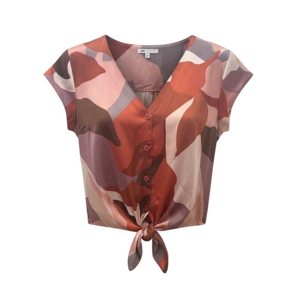 DR2 Women’s Brown & Pink Abstract Satin Poly Cap Sleeve Tie Blouse